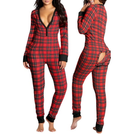 

Women s Sexy Butt Button Back Flap Onesies Christmas Pajamas V Neck Long Sleeve Romper Bodycon Jumpsuit
