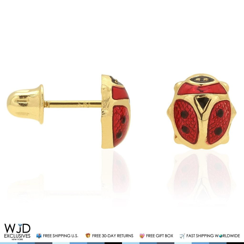 14K Solid Yellow Gold Red Enamel Small Ladybug Screw Back Stud Earrings 6mm