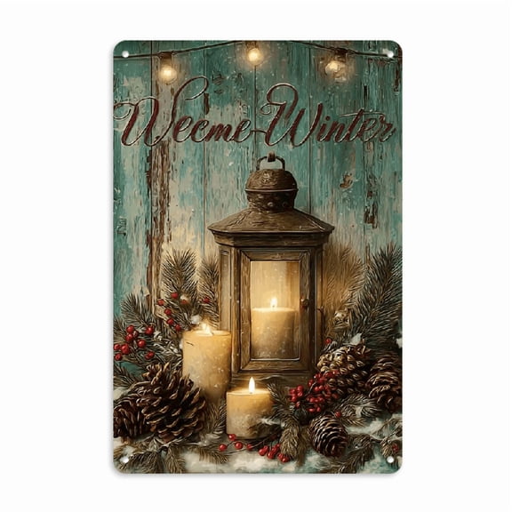 2D Flat Charming Winter Iron Sign - Welcome Lantern with Candle Design, Perfect for Christmas and New Year Outdoor Decoration, 8x12 inches, Garden, Home, Patio, Yard Outdoor Christmas Decoration