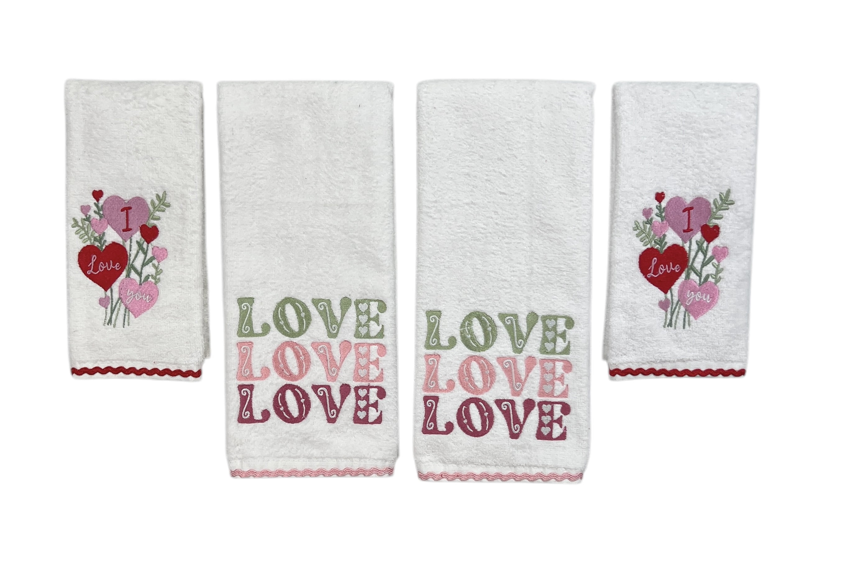 Serafina Home Decorative Valentine Theme Embroidered Bath Hand And Fingertip Heart Towel Set: I Love You Hearts Bouquet Towels, Pink Red Green