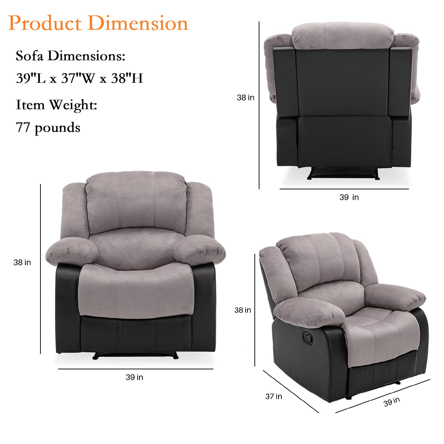Nathaniel Home Manual Single Reclining Sofa, Champion PU Leather Upholstered Couch, Tufted Recliner, Plush Scoop Seating, for Living Room Home Theater, Gray