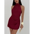 thumbnail image 5 of Women's Ruched Halter Sleeveless Mini Dress Tie Backless Bodycon Evening Party Cocktail Dresses Wine Red S, 5 of 9