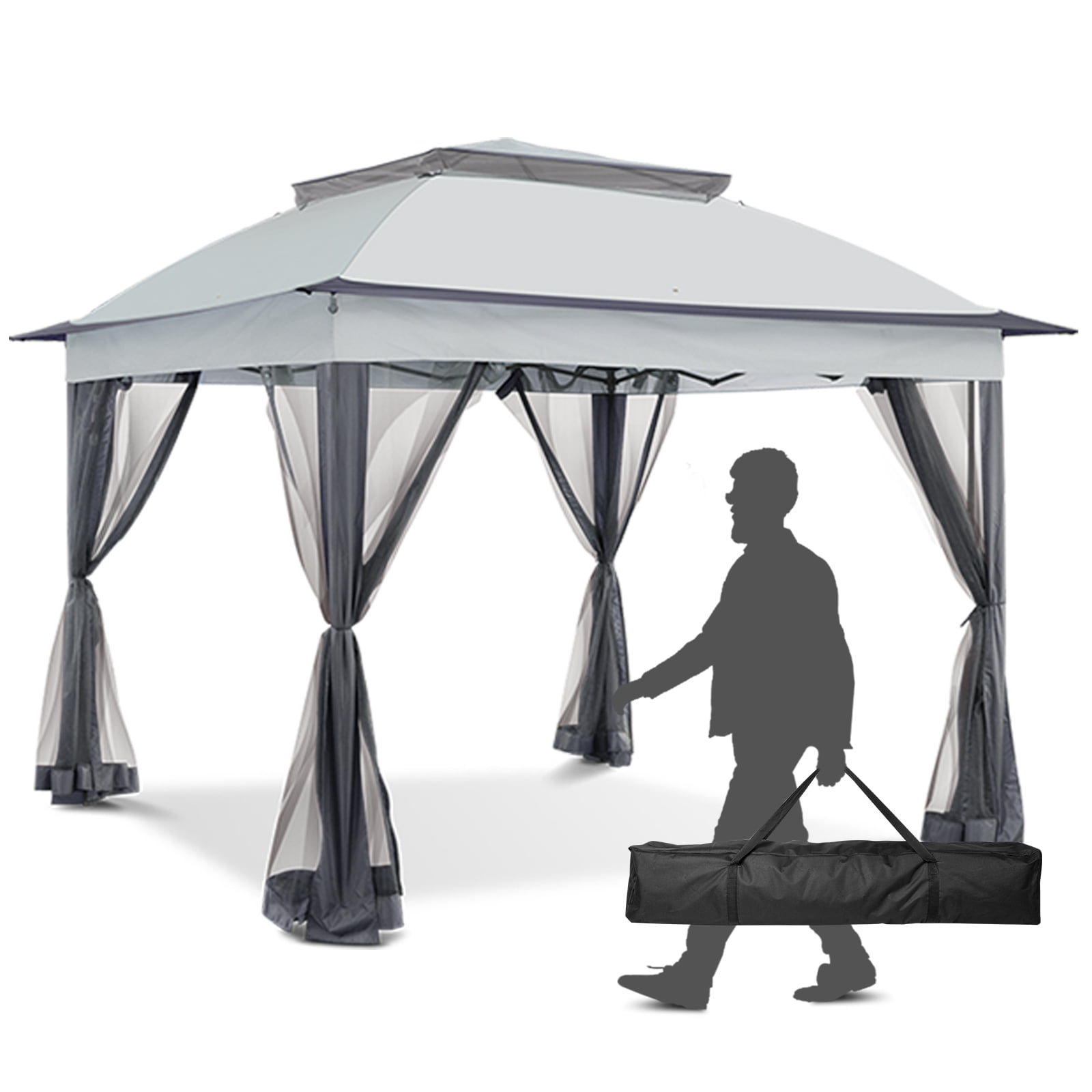 INTER HUT 11x11 Outdoor Pop up Gazebo Tent with Mesh Walls for Patio, Lawn, Backyard and Deck, Gray
