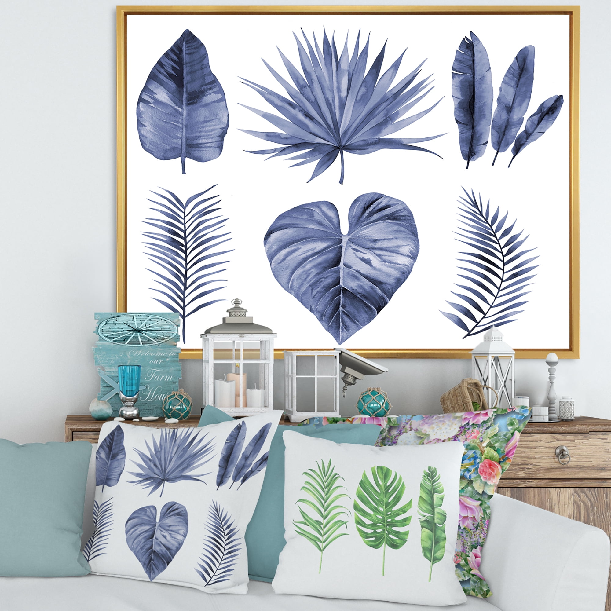Designart 'Blue Watercolour Tropical Leaves IV' Traditional Framed Canvas Wall Art Print
