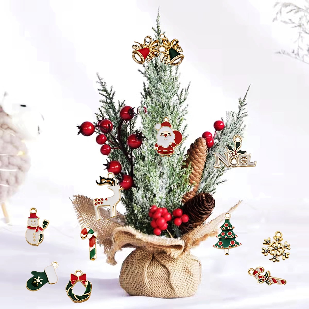 Mini Christmas Ornaments Set for Christmas Tree Decorations Small Tree Metal Miniature Ornaments for Christmas Craft Supplies Tiny Santa Claus Snowman Ornaments 30 Pcs