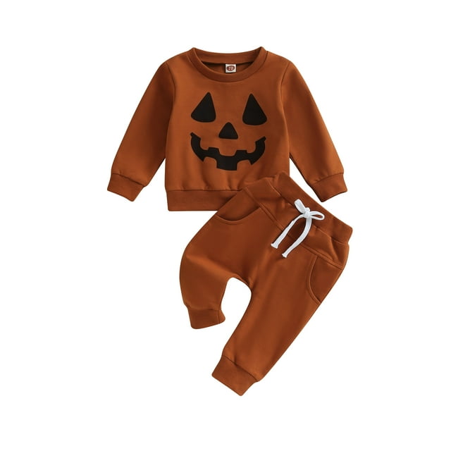 Faithtur Tenues d'Automne pour Garçons Tout-Petits Imprimé Pumpkin Face Col Rond Manches Longues Chandails en Molleton et Pantalons Longs Ensemble 2 Pcs Vêtements d'Halloween