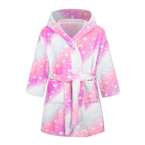 ATOGUTA Girls Boys Bathrobe Fleece Hooded Robes Soft Sleepwear Cute Print Housecoat Gown with Pockets Pink, Size 2T-12