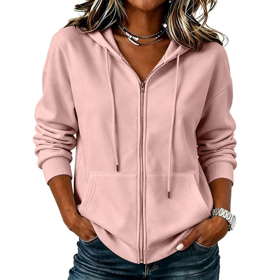 Qwertyu Zip Up Hoodie Women Y2K Sweatshirt Casual Long Sleeve Hoodies Oversized Fall Winter Fleece Jacket with Pockets Light pink XL