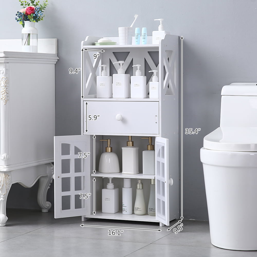 White Bathroom Wall Cabinet With Door Shelves Drawer Storage Cupboard Organizer 