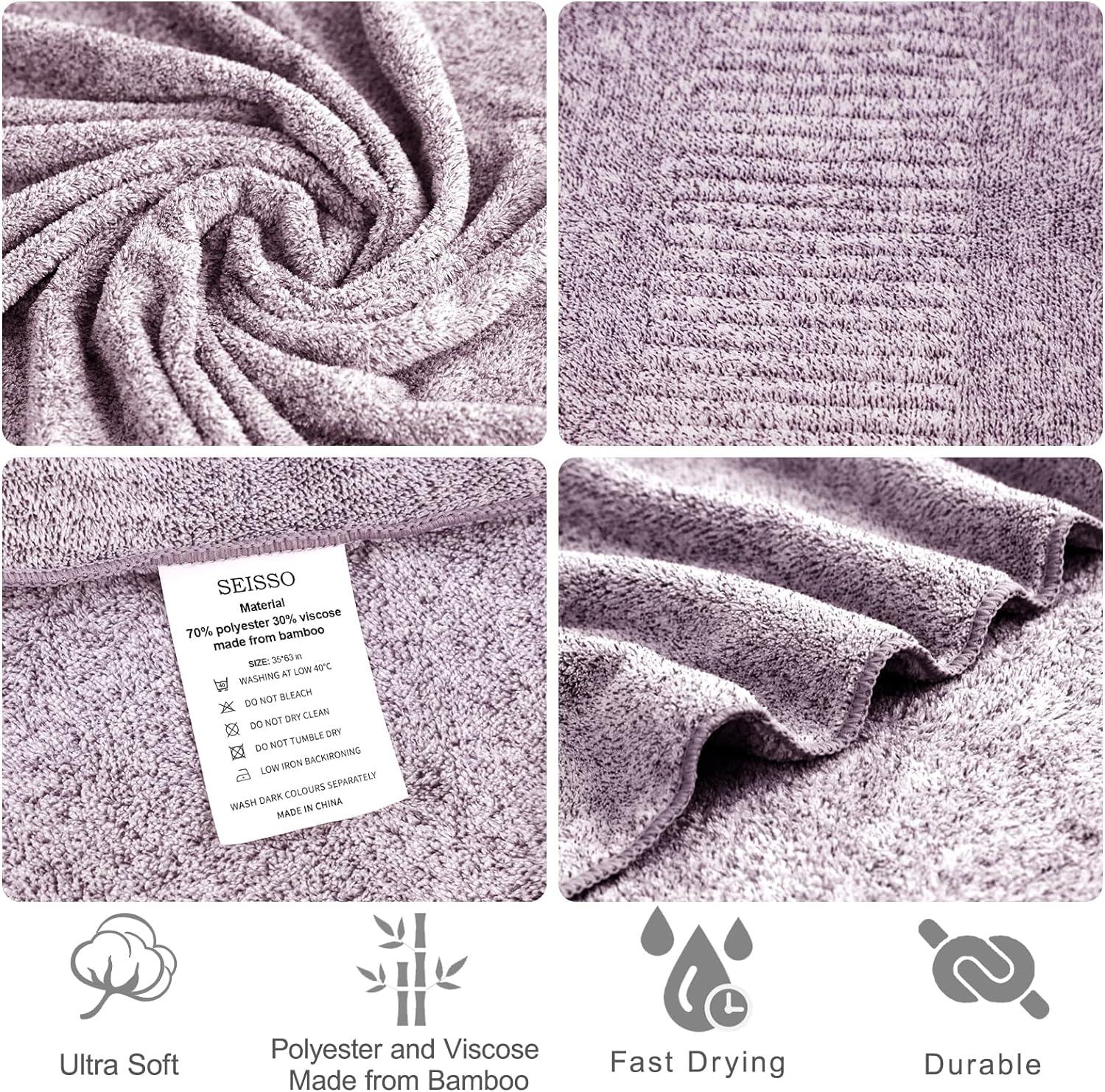 DEWEL Bath Towel, Large Bathroom Towels 35x63 in, Super Absorbent Quick Drying Towels for Bathroom, Beach, Gym, Pool, 2 Count Purple