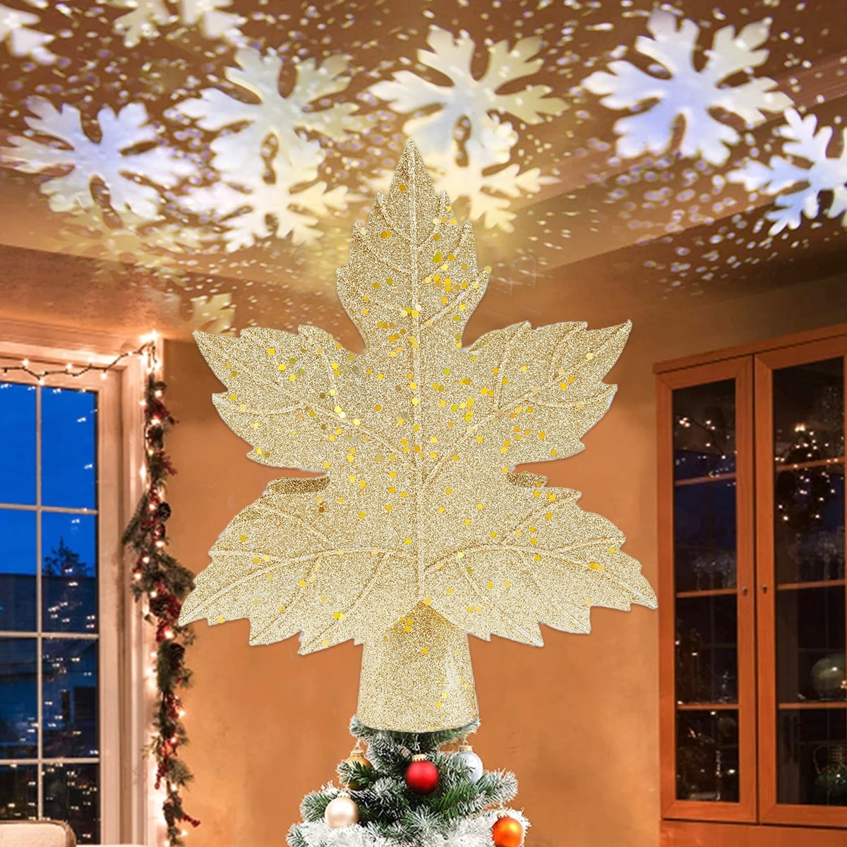 HESHENG Christmas Tree Topper Lighted with White Snowflake Projector