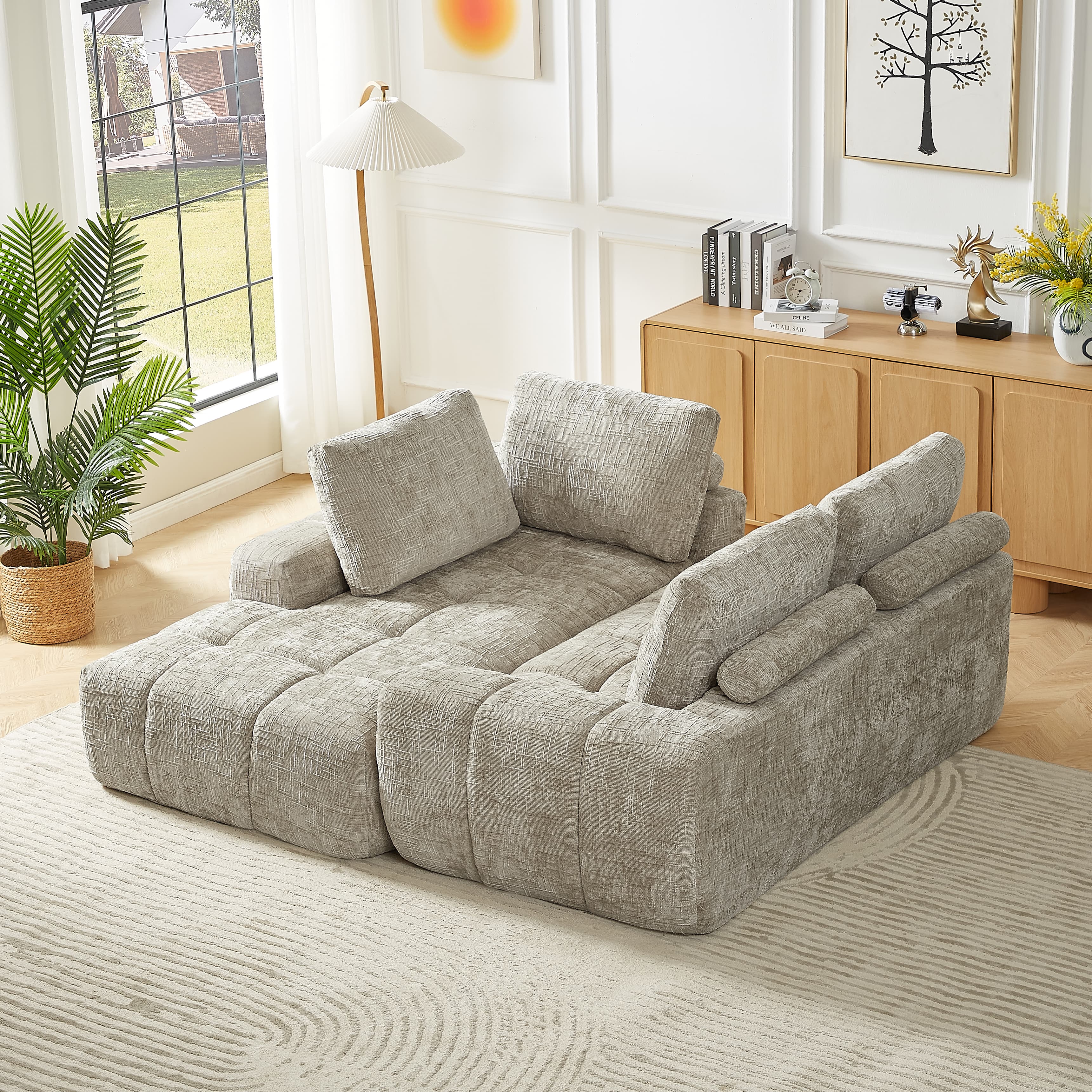 MAYEERTY Chenille L-Shape Oversized Sectional Sofa, Minimalist & Comfy Sleeper Couch for Living Room, 102×65" Khaki