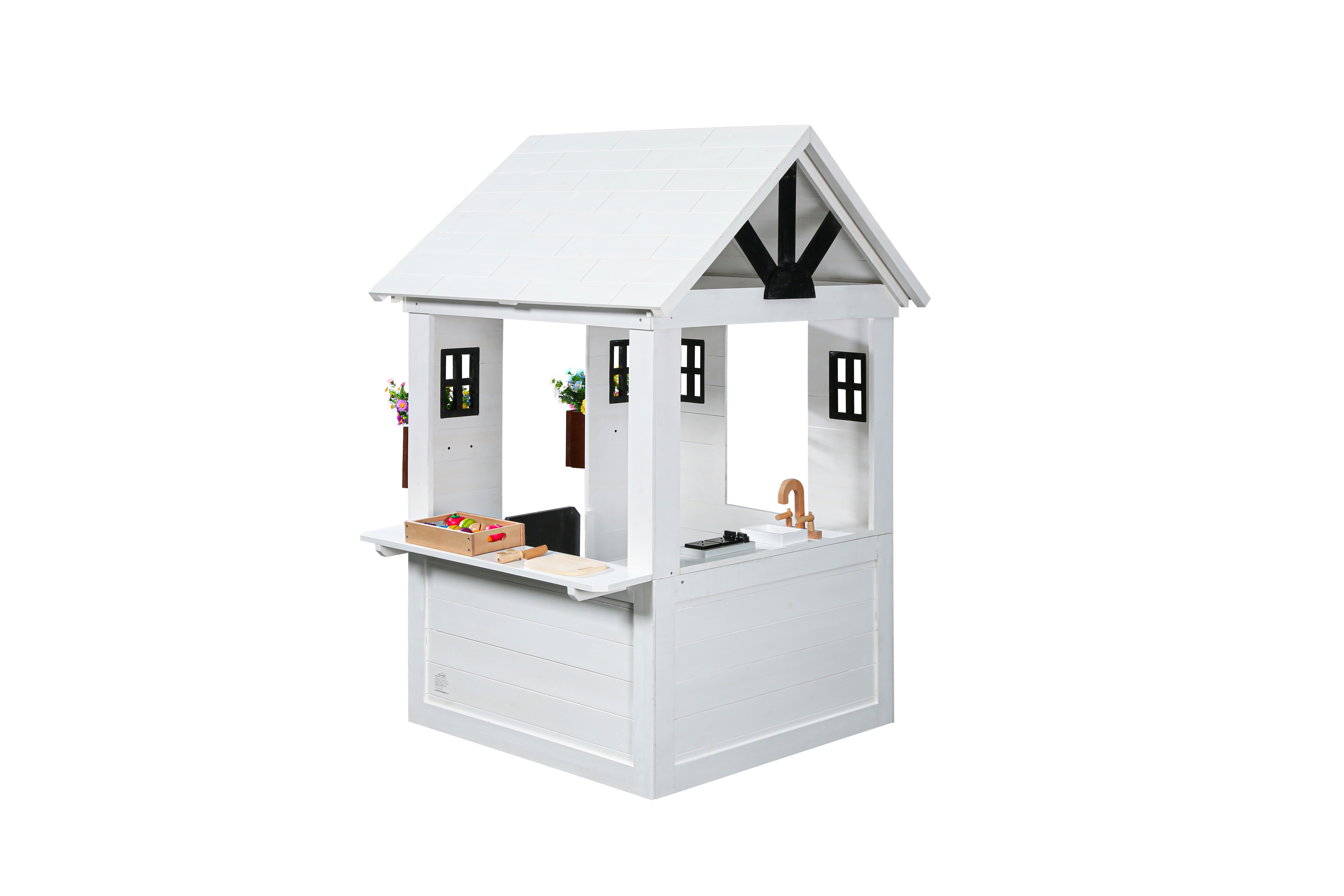 2MamaBees Ajure Playhouse | White & Black Farmhouse Design with Kitchen and Garden