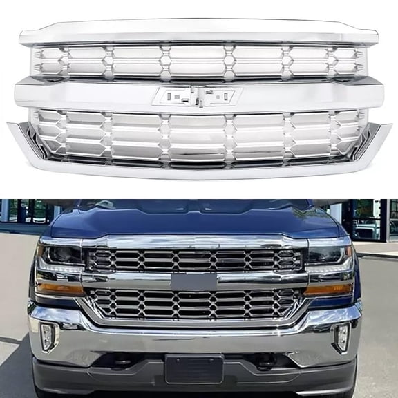 ONEPI Chrome Front Grill Compatible with Chevy Silverado 1500 High Country/LS/LT/LTZ/WT/SSV 2016 2017 2018 Models, No Emblem