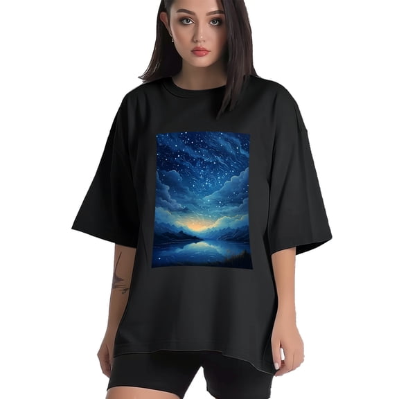 Plus Size Shirt for Women Black Tops for Women Short Sleeves Shirt for Women Starry Sky T Shirt Crewneck Shirt for Women XS