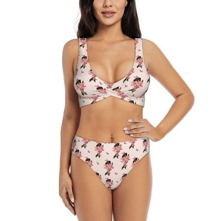 Zeuib Dachshund Dog Heart High Waisted Tummy Control Bikini Set - Knot Front Push Up Top & Cheeky Thong Bottom  Two-Piece Swimsuit for Women-XX-Large