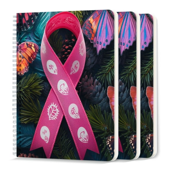 Spiral Journal Notebook,50 Sheets A5 College Ruled Notebook/Journal 3 Pcs for School Office Home - Colorful Butterfly With Pink Cancer Ribbon on Each Wing