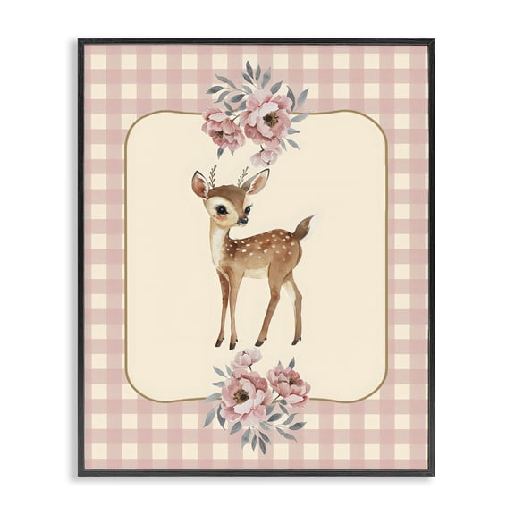 Stupell Industries Baby Deer Pink Gingham Black Framed Giclee Art, design by LSR Design Studio