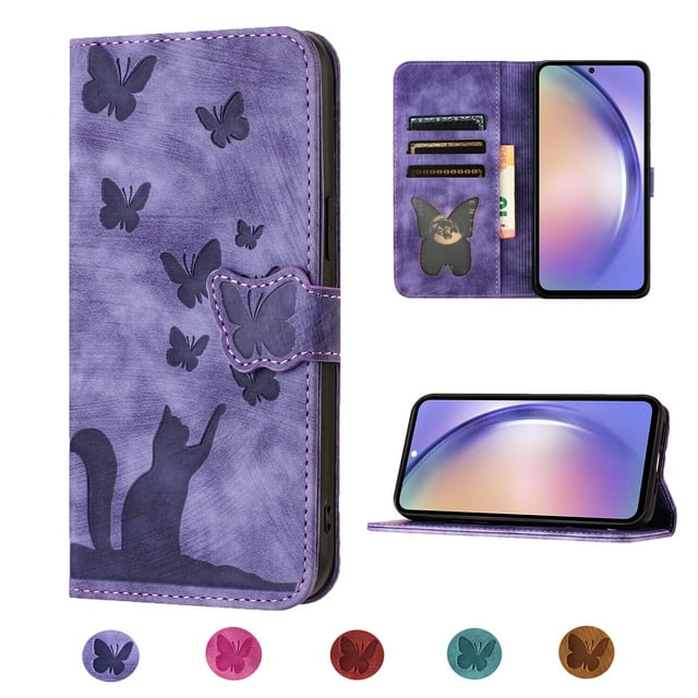 Compatible with iPhone 14 Embossed Butterfly Cat Wallet Case with Card Slots Kickstand Cover