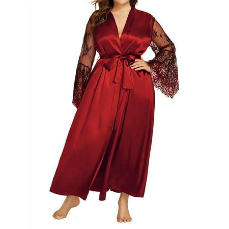 

KVMeteor Women s Plus Size See Through Lace Long Sleeve Tied Nightgown Pajamas