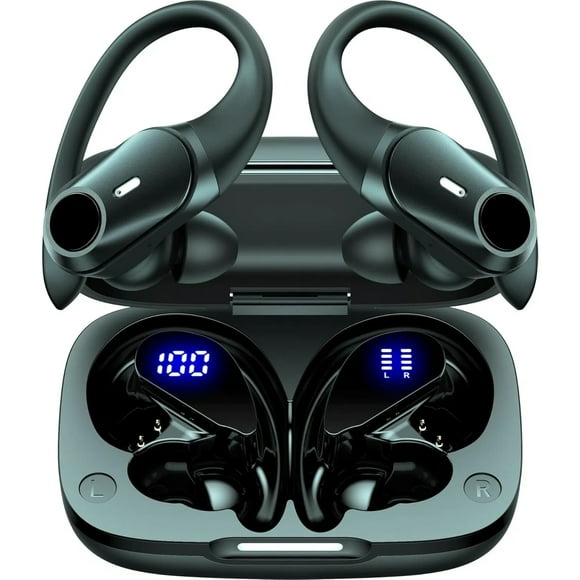 Auriculares inalámbricos Bluetooth 5.3 80 horas de reproducción con estuche de carga inalámbrica Pantalla LED dual Diseño con gancho para la oreja para practicar deporte, correr y hacer ejercicio