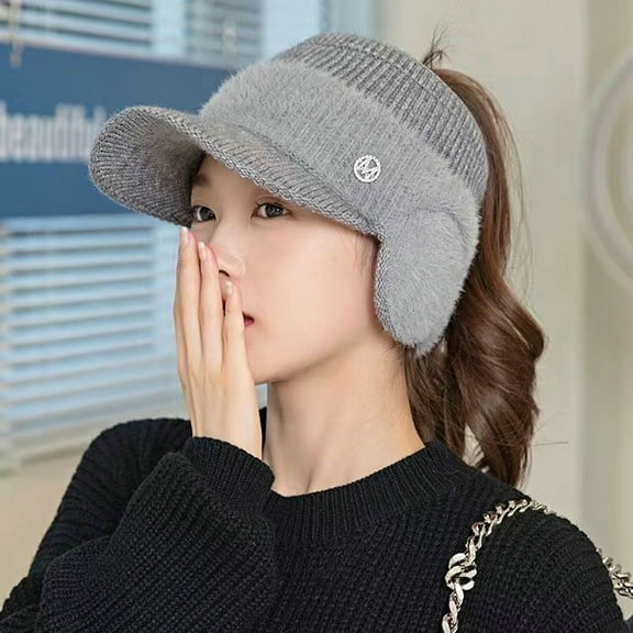 dianhelloya Warm hat LadyEarflap Hat Solid Color Empty Top Stretch Autumn Winter Windproof Sun Protection Knitted Baseball Hat Riding Supplies Beige