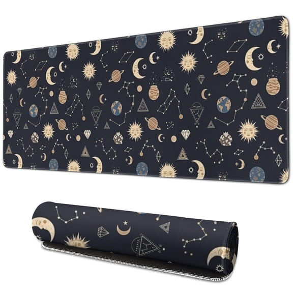 Long Mouse Pads for Desk,Dark Blue Sun Moon Cloud Star Pattern Desk Mats on Top Of Desks, Desk Mouse Pad Extra Large with 3mm Non-Slip Base and Stitched Edge for Gaming,Office,Work,Home 31.5"x11.8"
