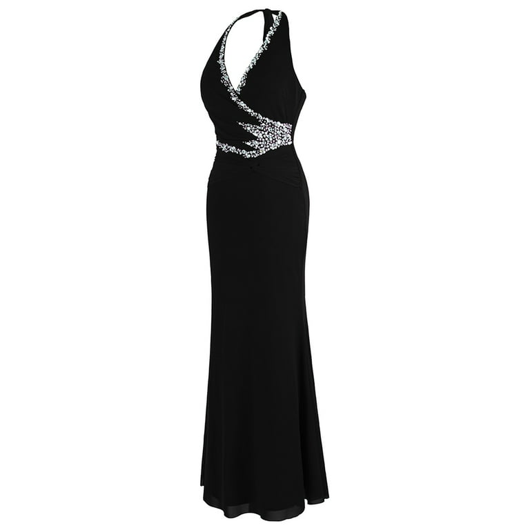Angel-fashions Halter Neck Black Evening Dresses Beading Pleated Waist Long  Formal Party Gown X-Large - Walmart.com