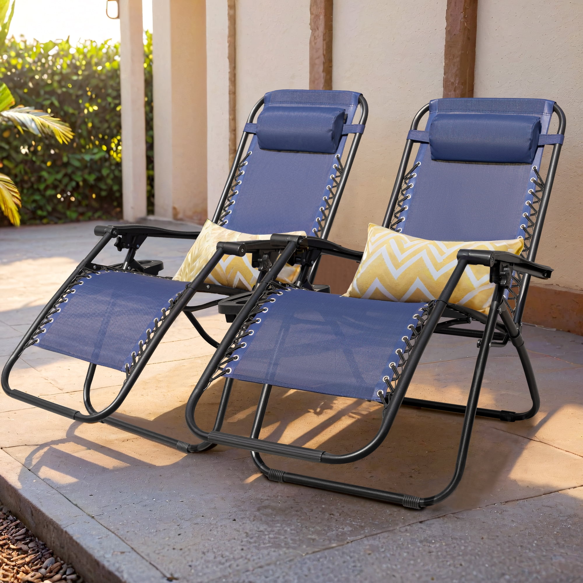Devoko Adjustable Zero Gravity Chair with Pillow and Cup Holder - Set of 2 Blue