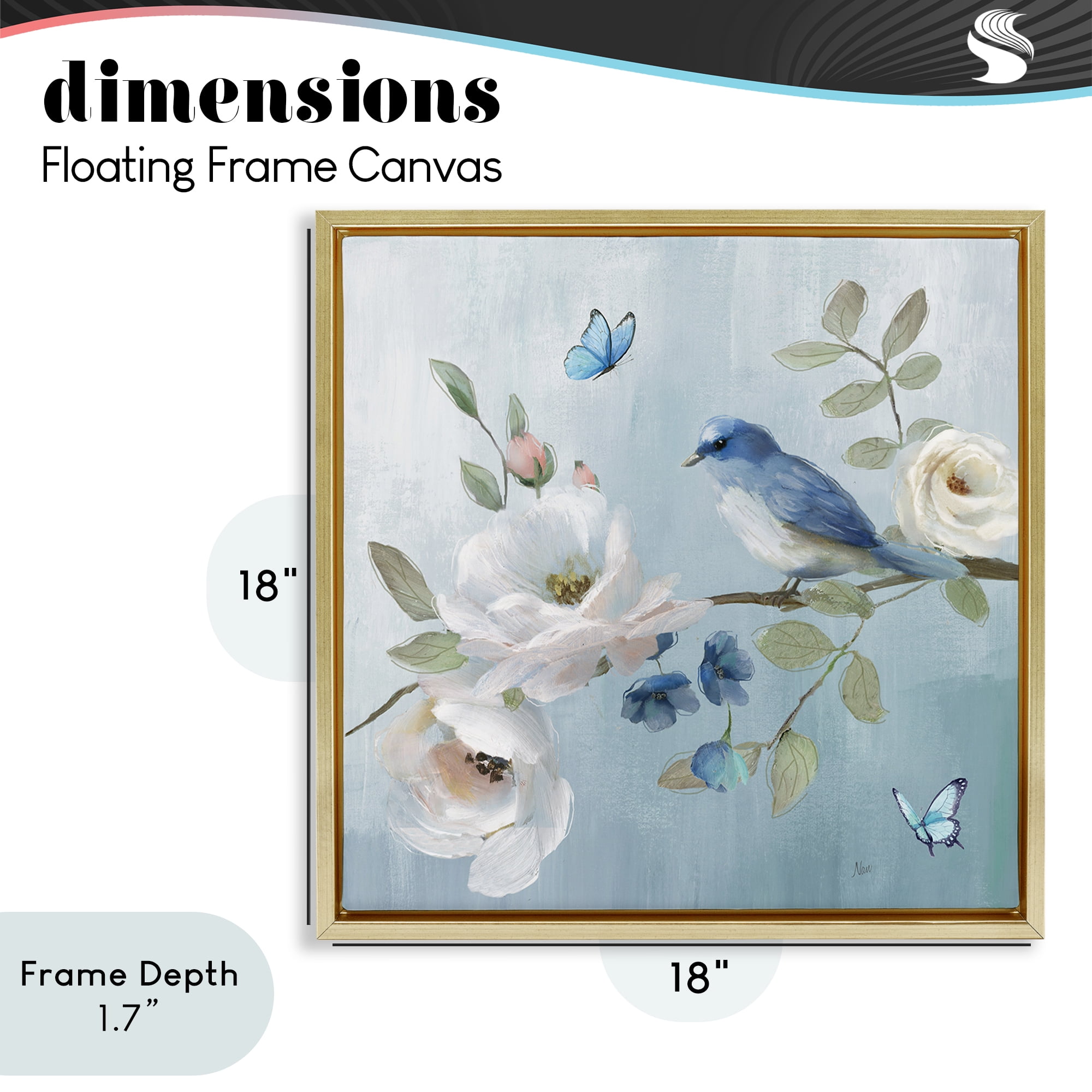 Stupell Industries Pastel Blue Bird Blooms Gold Framed Floater Canvas Wall Art, design by Nan