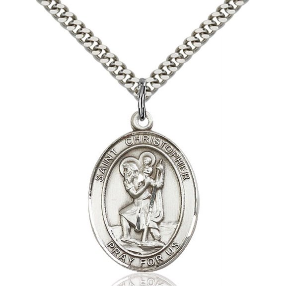 Sterling Silver St. Christopher Pendant 1 x 3/4 inches with Heavy Curb Chain