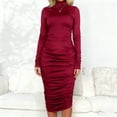 thumbnail image 2 of Sexlip Women's Casual Ruched Basic Pencil Dress Tight Crewneck Long Sleeve Cocktail Bodycon Midi Dress Club wear Party Outfits Red XL, 2 of 9