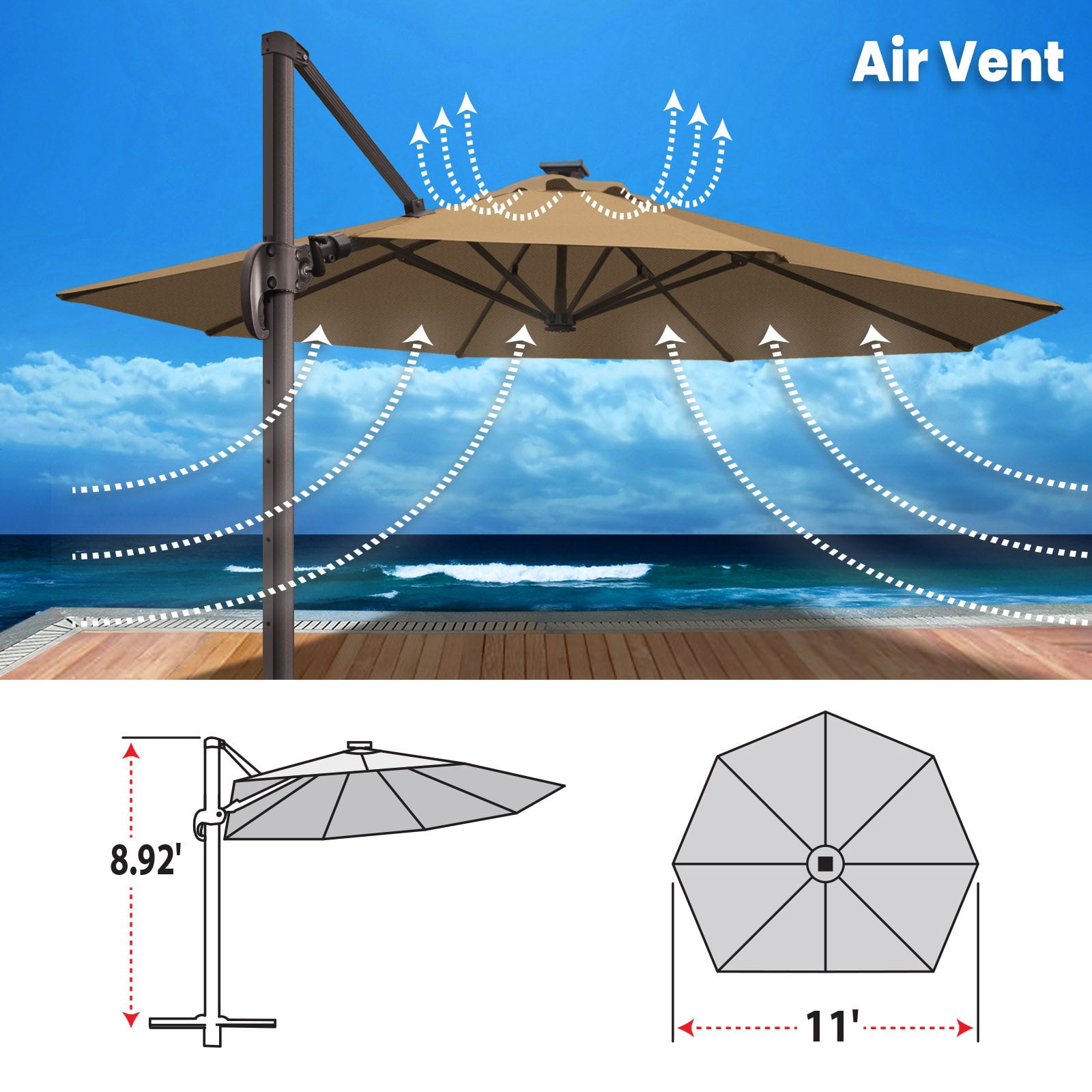 SUNRISEUMBRELLA 11' Deluxe Cantilever Umbrella LED Lighted Umbrella Sunbrella Cover Patio Umbrella Garden Outdoor (Cocoa)