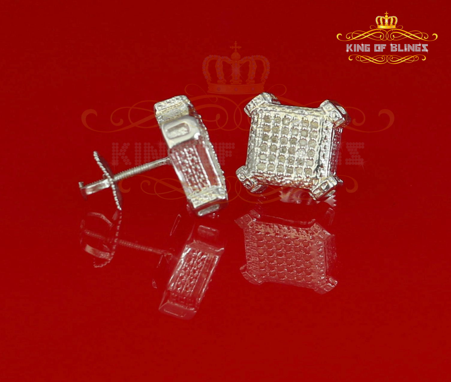 King of Bling's 925 Sterling White Silver 0.20ct Diamond For Women's/ Men's Square Stud Earrings