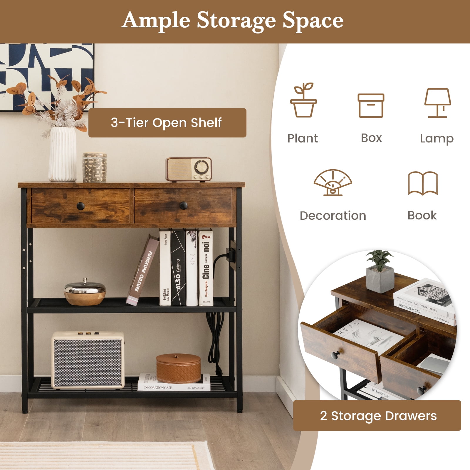 Giantex Console Table w/Outlets , Entryway Table w/USB Ports, Narrow Sofa Table, Entry Hallway Table, Brown