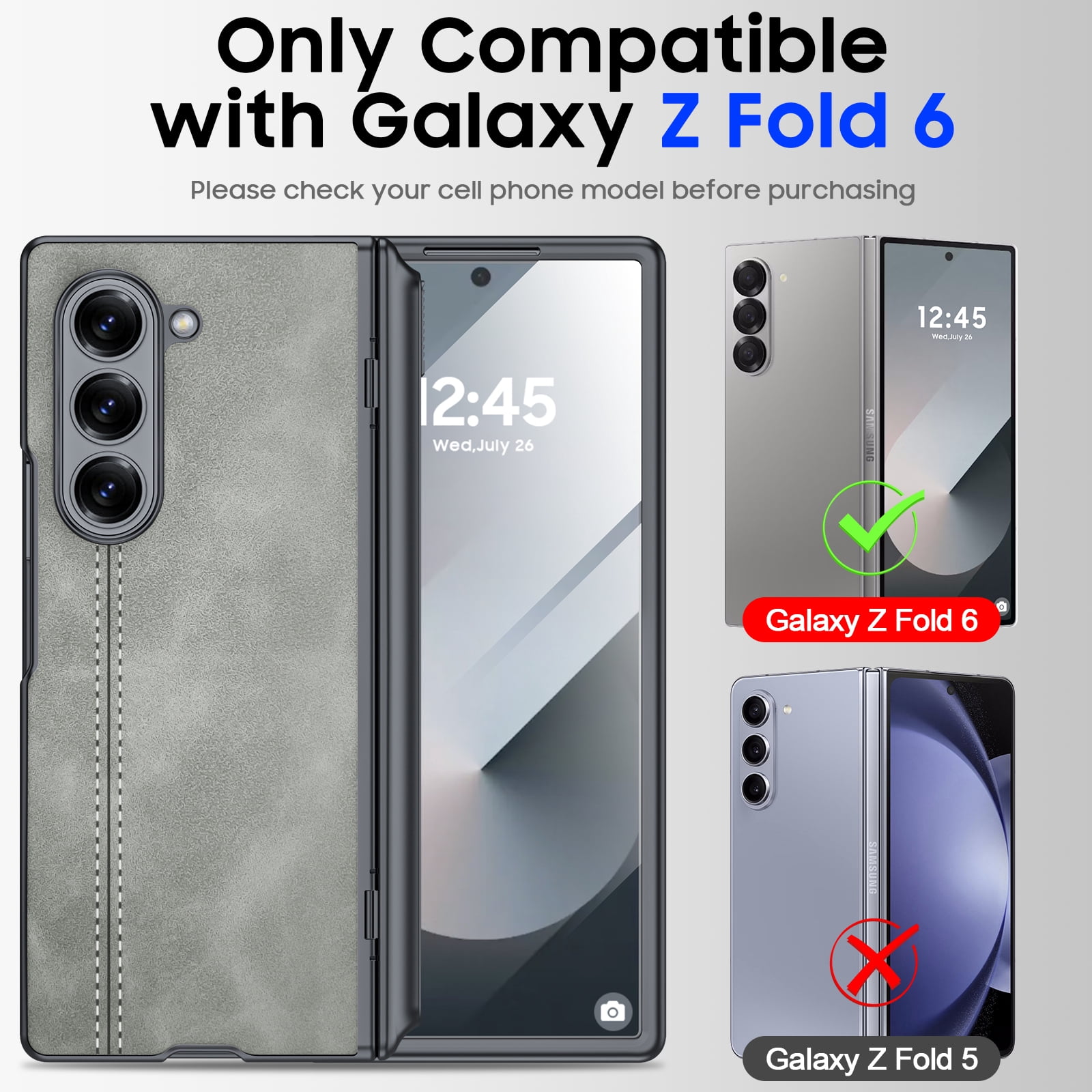 Vizvera for Samsung Galaxy Z Fold 6 Phone Case with S Pen Holder [Hinge Protection & Screen Protection] PU Leather Matte PC Shockproof Case-Gray