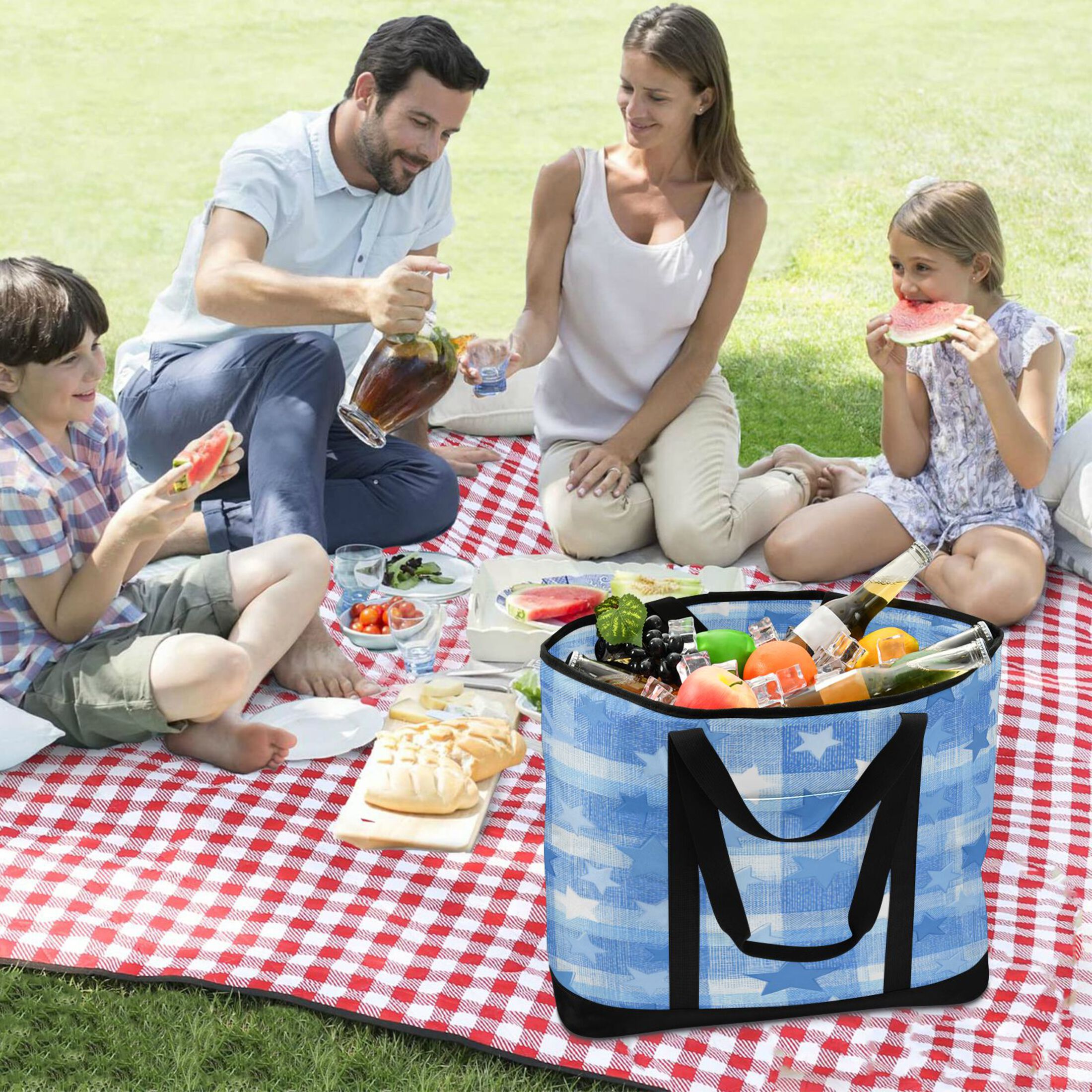 Extra-Large Wide Opening Design Capacity Hand-Held Ice Pack Thickened Insulation Layer For Long-Lasting Cold Retention For Outdoor Shopping Picnics And Camping Gentle Blue Stars