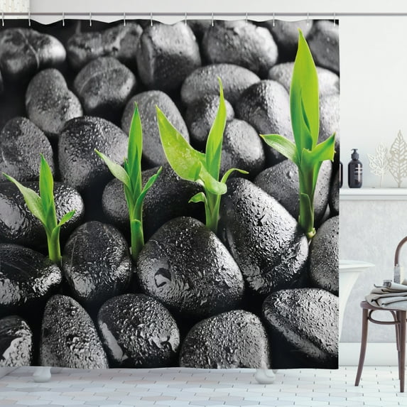 Ambesonne Plant Shower Curtain, Greyscale Stones and Leaves, 69"Wx70"L, Dark Taupe and Lime Green
