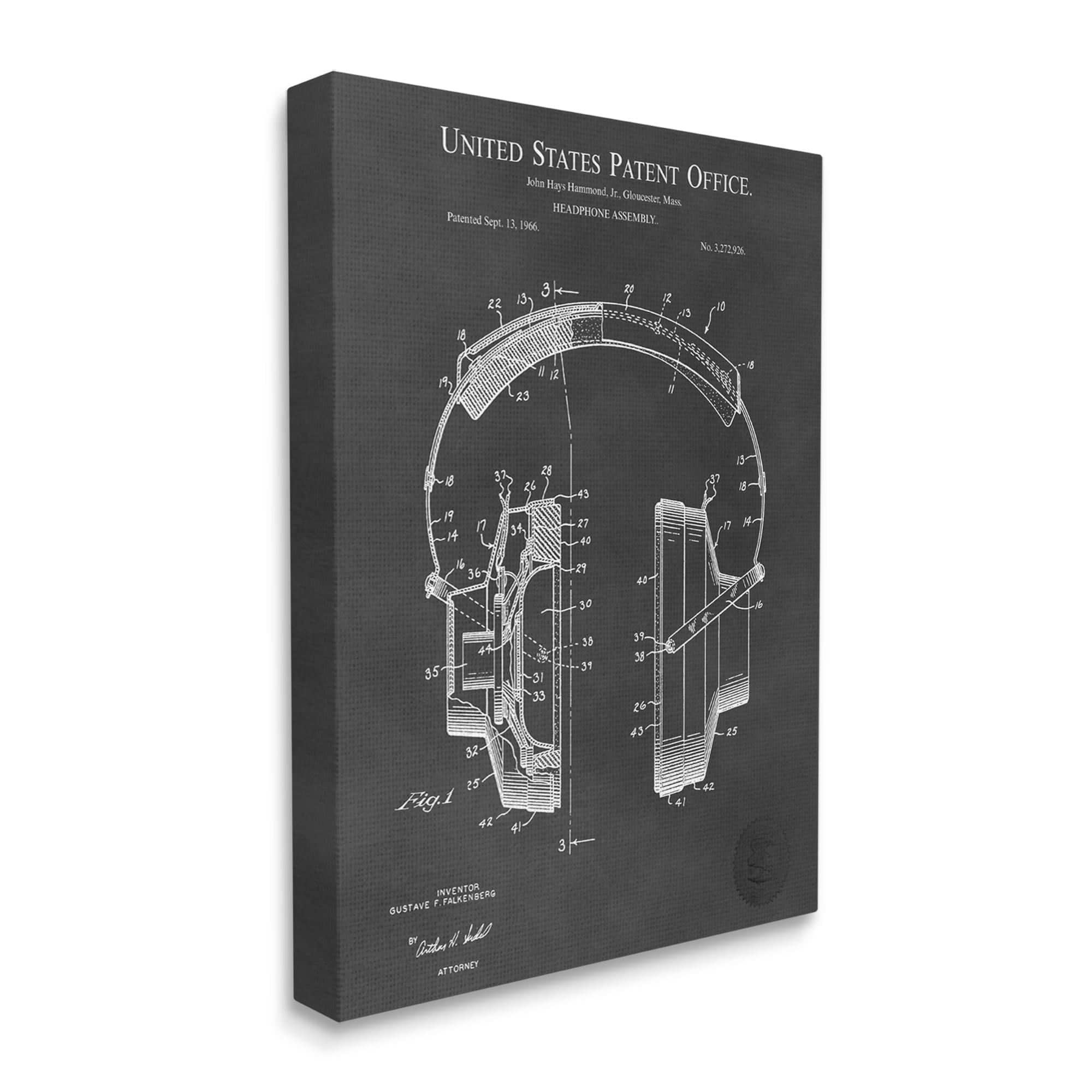 Stupell Industries Detailed Music Headphones Diagram Blueprint Patent Design Canvas Wall Art, 16 x 20, Design by Karl Hronek