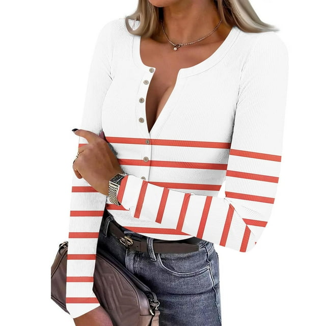 Yourumao Ribbed Knit Tops for Women Striped Half Button Henley Shirts Fitted Long Sleeve Blouses Spring Summer Tshirts
