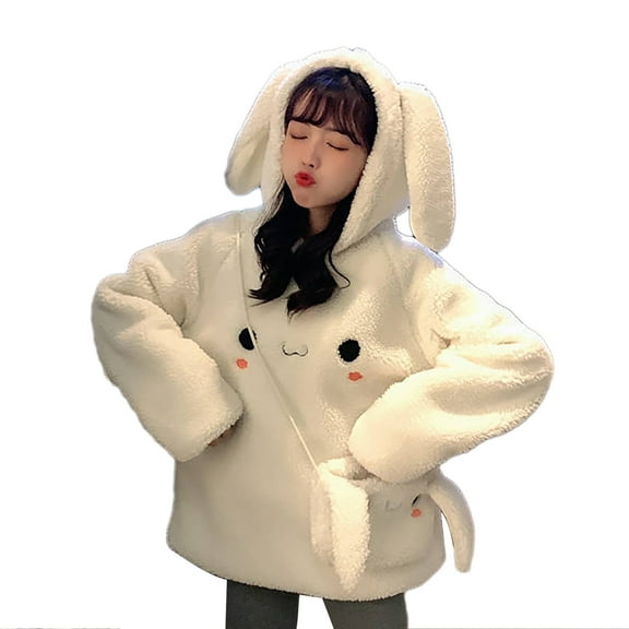 Ludlz Cosplay Anime Bunny Emo Girls Rabbit Ears Top Long Sleeve Shirt Pullover Sweater Hoodie with Cute Bunny Bag