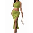 thumbnail image 3 of Women'S 2 Pieces Outfit Textured Halter Crop Top and Twist Front Split Thigh Maxi Skirt Set Green S, 3 of 10