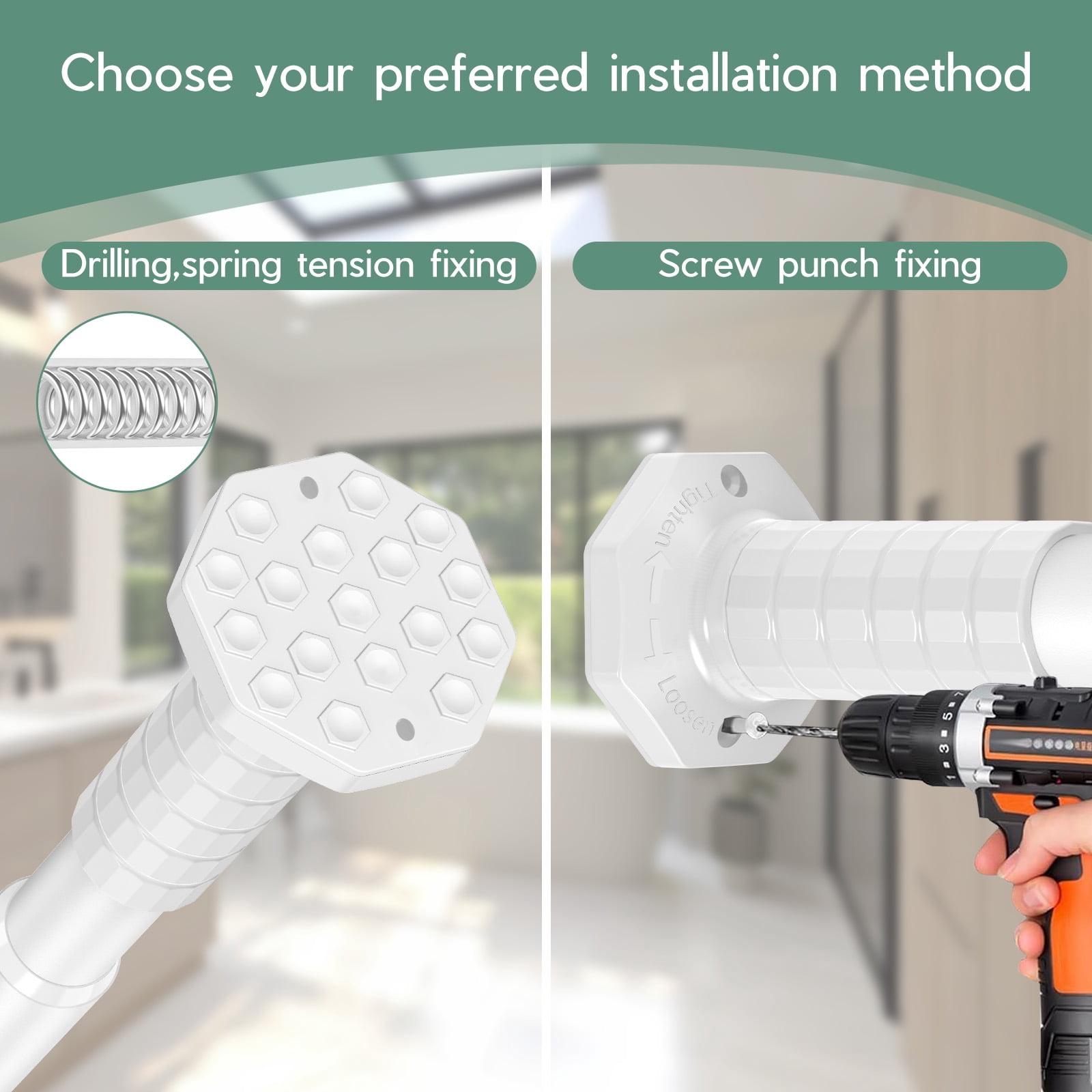 VEGCOO 45-86" Tension Curtain Rod, 2-in-1 Drill-Free or Screw-Fixed Heavy Duty Matte White Shower Rod for Bathroom Windows Patio, Holds 80LBS