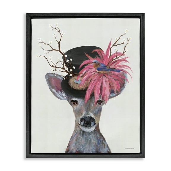 Stupell Industries Deer with Vintage Hat Animals & Insects Painting Black Floater Framed Canvas Art Print Wall Art, 17 x 21