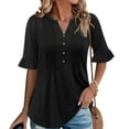 thumbnail image 2 of Womens Plus Size Tops Elbow-Length Dressy Blouses Crew Neck Pleated Front Casual Loose Tunic Tops Summer Shirts with Button S-2XL, 2 of 10