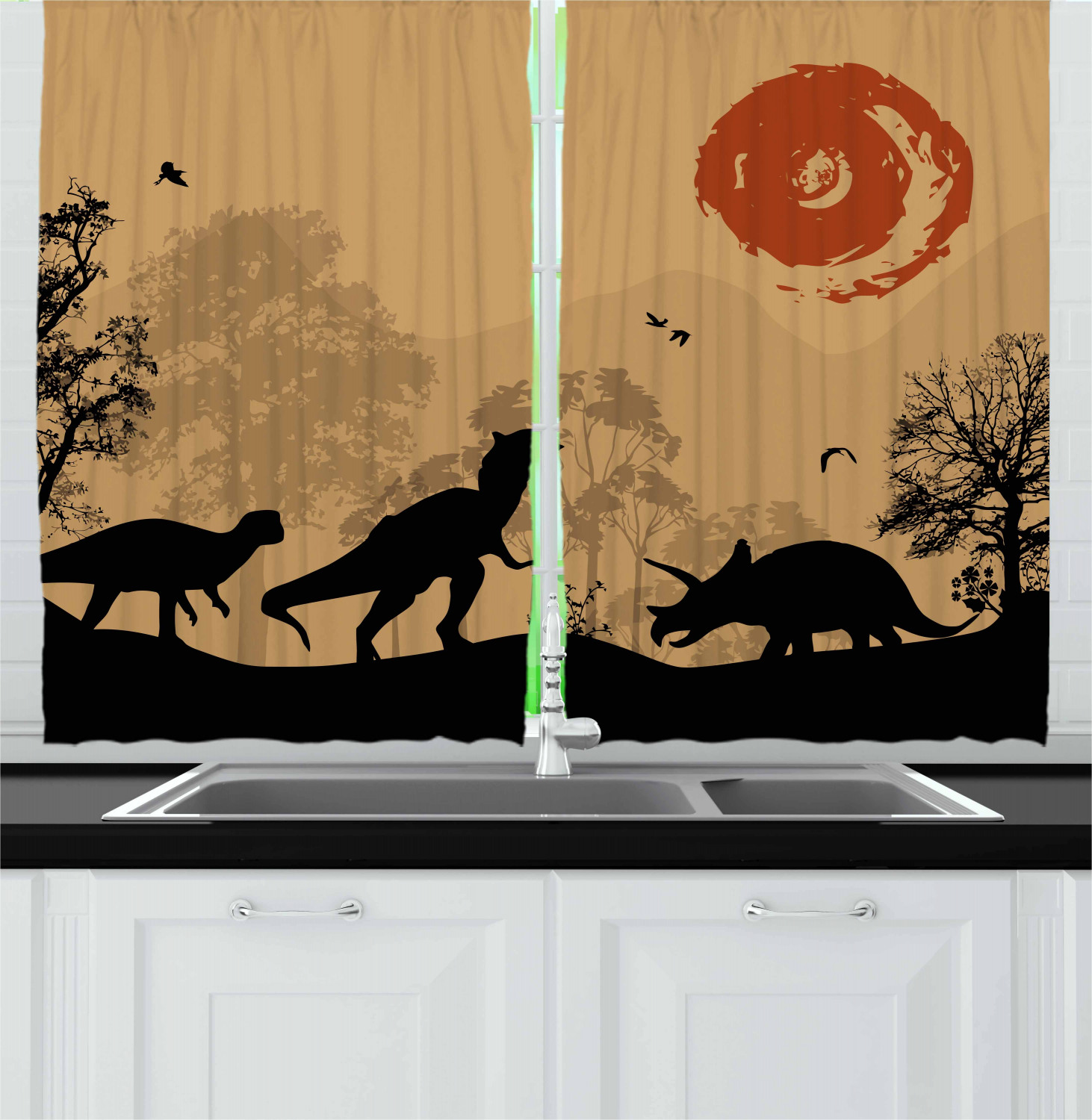 Dinosaur Curtains 2 Panels Set, Silhouettes of Prehistoric Animals