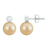 Rosec Jewels South Sea Pearl Stud Earrings with Diamond for Women (8 mm, AAA Quality), 10K White Gold