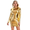 thumbnail image 5 of Xmarks Womens Long Sleeve Sexy Bodycon Wrap Mock Neck Metallic Short Club Mini Dress for Party Night Birthday Gold XL, 5 of 7