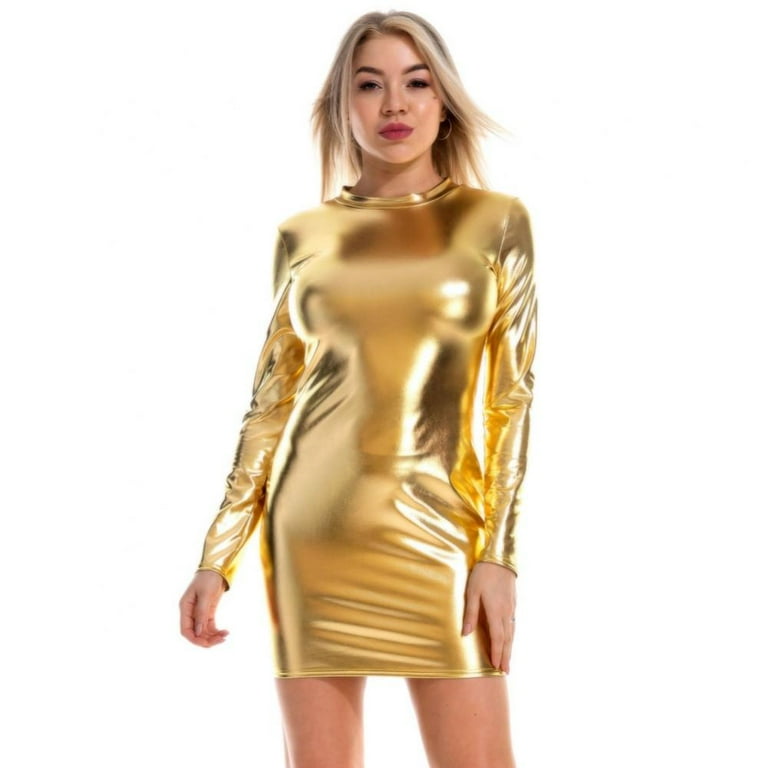 Xmarks Womens Long Sleeve Sexy Bodycon Wrap Mock Neck Metallic Short Club Mini  Dress for Party Night Birthday Gold XXL - Walmart.com