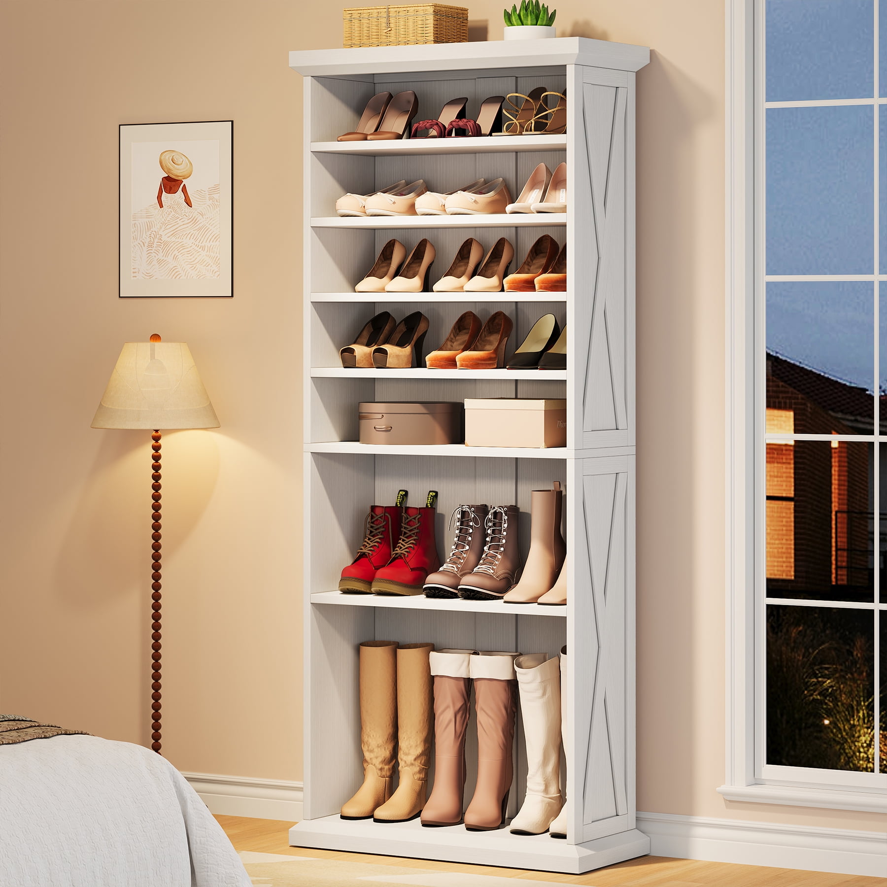 Condemo 10-Tier Shoe Storage Cabinet with 8 Adjustable Shelves, Farmhouse Shoe Rack, 71 inch Freestanding Tall Shoe Organizer for Closet, Entryway, Living Room, 30-40 Pairs, White